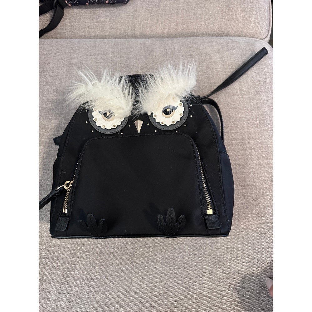 Kate Spade New York Owl Backpack Black Nylon Leather Trim Cute Fun‎ Bag